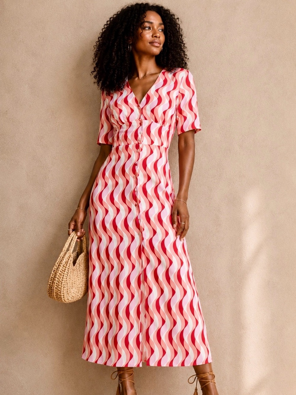 Anthropologie Nobody’s Child Alexa Red + Pink Wavy Button-Front Midi Dress - Picture 11 of 11